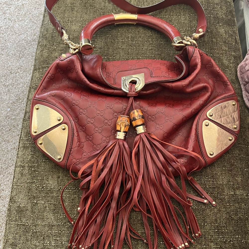 Gucci Deep Red Indy Leather Shoulder Bag with Tassels